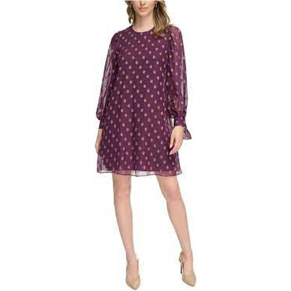 Calvin Klein Printed Tie Cuff Long Sleeve Shift Mini Dress Gold Burgundy 2 NWT - Picture 2 of 13